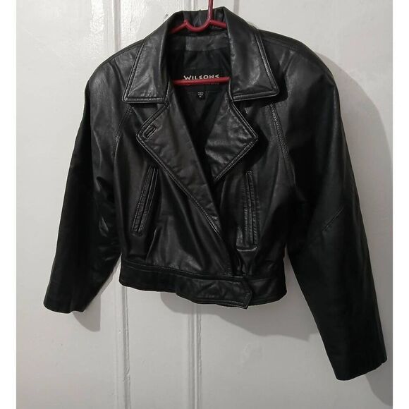 Vintage 90's Wilsons leather jacket womens medium black motorcycle puffer sleeve - Picture 1 of 8